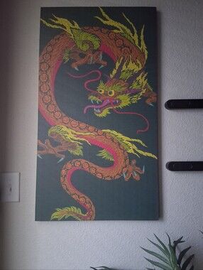 Dragon Wall Art Canvas Print in Green, Yellow, Pink